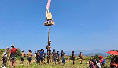 Lomba panjat pinang memeriahkan Hari Kemerdekaan Indonesia di Pusat Pemerintahan Sumedang menjadi hiburan yang berbeda, Sabtu (24/8/2024).